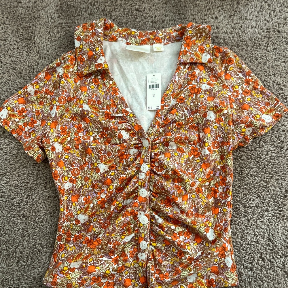 Anthropologie Orange and Yellow Floral Ruched Button-Down Top